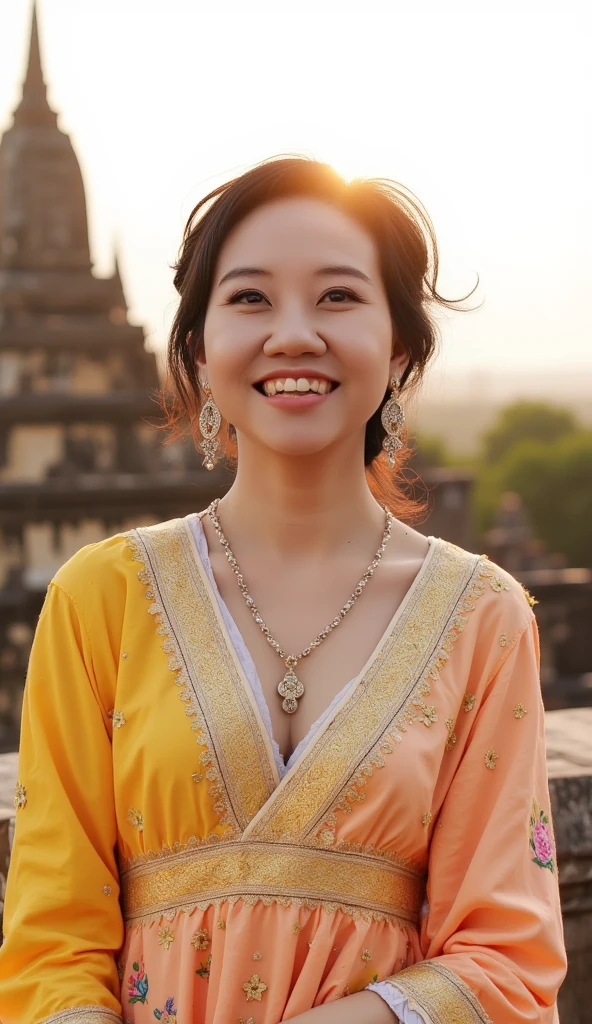 A breathtakingly beautiful young woman dressed in a Keng Tong Tai Khun traditional outfit, highly detailed, detail lips, detail eyes, detail nose, captured in a full-body photorealistic portrait against the backdrop of the majestic Bagan temples.

Details:

Outfit:
Exquisite Keng Tong Tai Khun traditional costume, meticulously crafted with rich fabrics and intricate embroidery. Think vibrant silks, gold thread accents, and delicate beadwork.
Full regalia of accessories: gold bangles adorning her arms, a statement necklace encircling her neck, and gleaming earrings cascading from her ears.
Appearance:
Mesmerizing facial features with flawless skin, captivating eyes, and a gentle smile.
Messy bun hairstyle adorned with fresh flowers and secured with a golden pin.
Pose and setting:
Full-body portrait, standing elegantly against the backdrop of the ancient Bagan temples bathed in the warm glow of the setting sun.
Long shot photography, allowing for the grandeur of both the woman and the temples to be fully appreciated.
Style:
Photorealistic, capturing every intricate detail of the costume, jewelry, and the weathered beauty of the temples.
High resolution (4k) for exceptional clarity and sharpness.
A touch of dreamlike quality, emphasizing the timeless elegance of the woman and the mystical aura of Bagan.