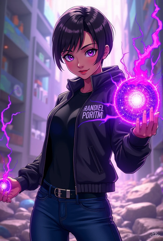 (prismatic coloration, holographic environment) A youmg girl with a deep, rich brown skin tone. He has a buzz-cut haircut & is wearing wearing A Black Jacket & dark blue Jeans. She has calm Purple eyes and a Gentle smile. She is standing in a battle ready stance wielding an deep purple & Black energy bubble made of Void
