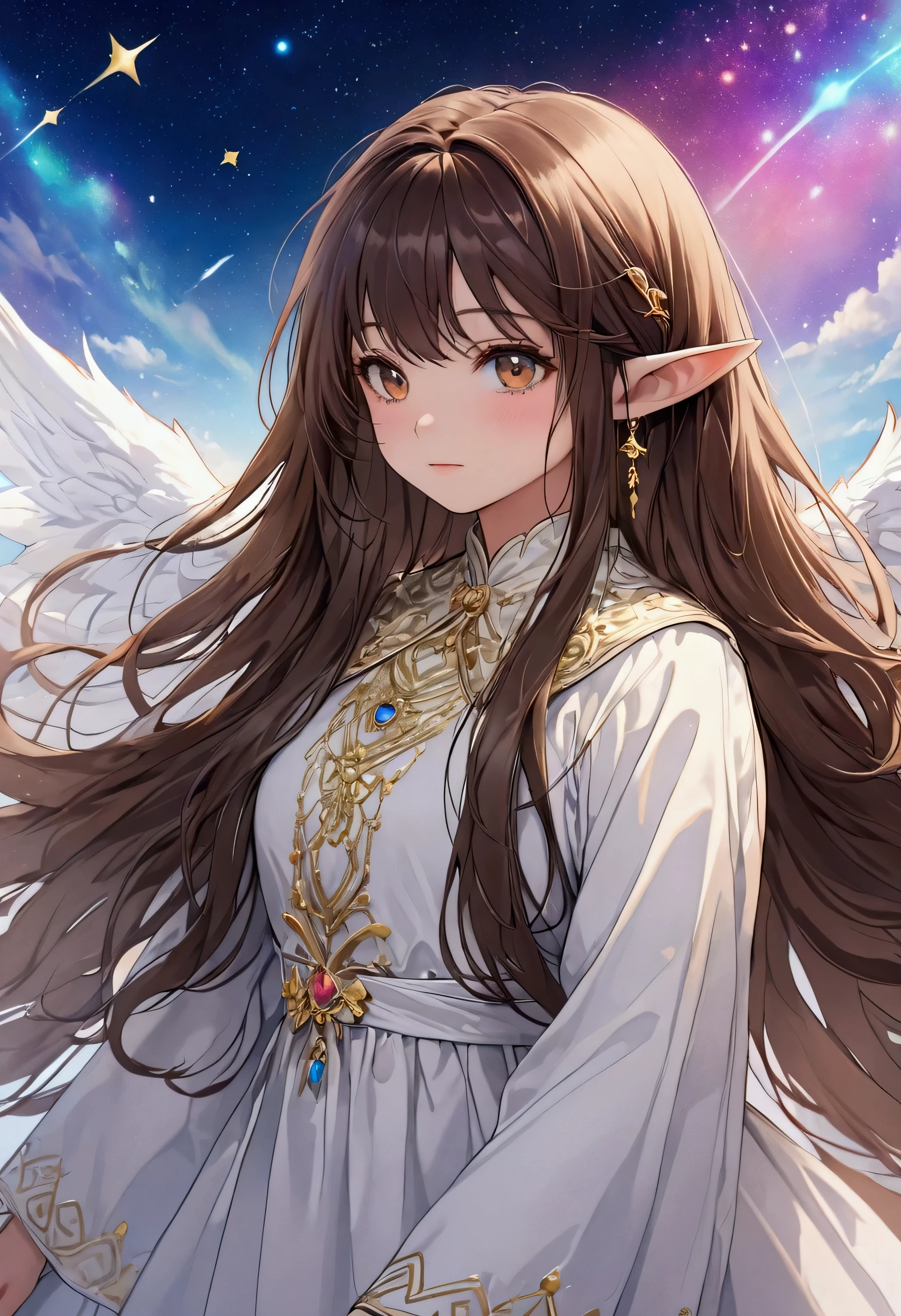 ((best quality))) (((HD))) (((8k))) (character) 20-year-old girl, ((adventurous)) elf, ((beautiful)) and ((happy)), ((brown hair)) and ((long hair)).