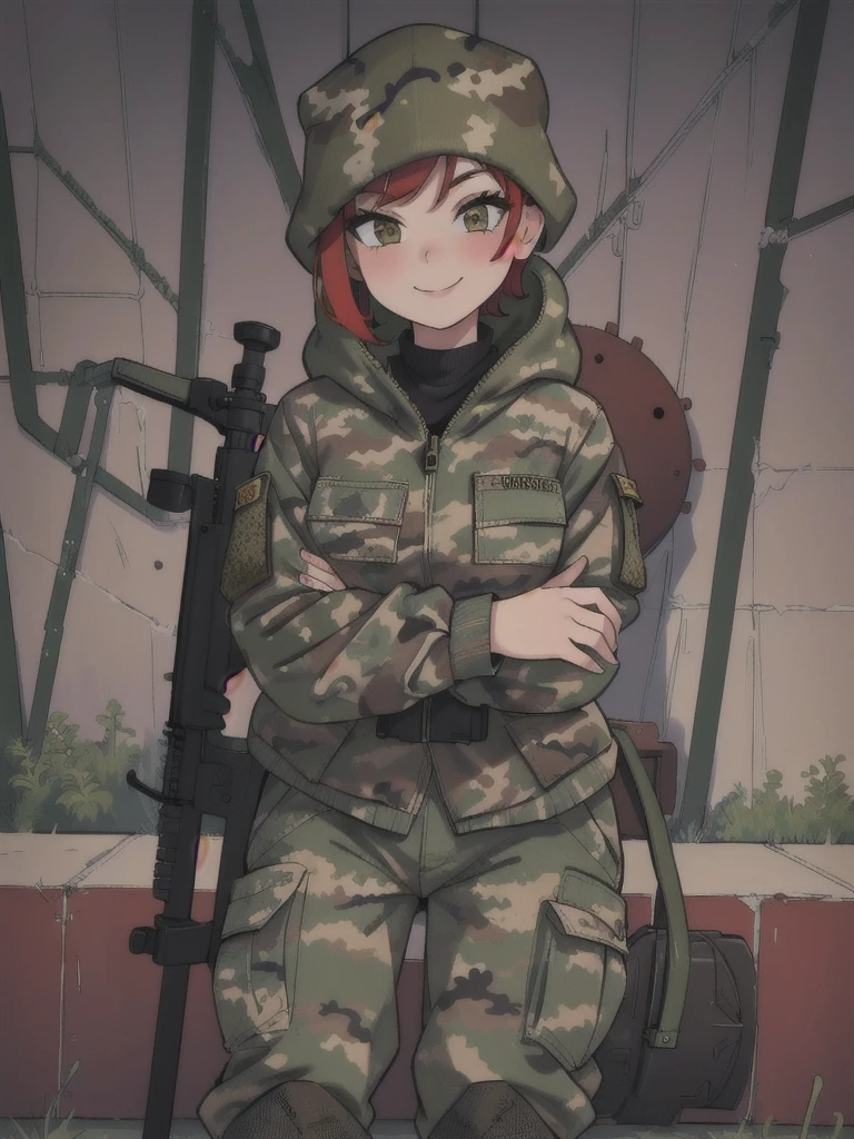 girl with smile and red short hair, with a camouflage jacket, camouflage balaclava, camouflage pants and army boots.