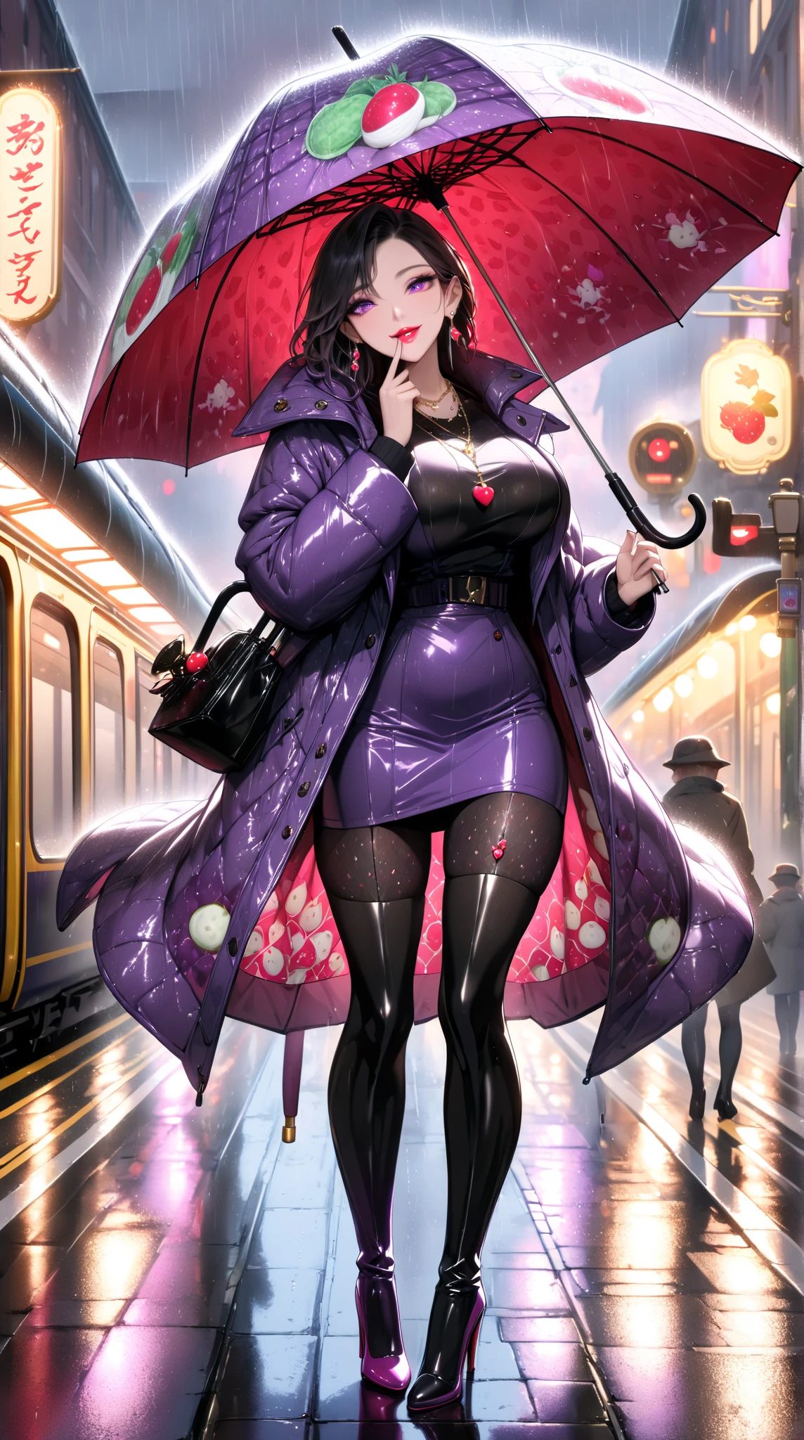  mature beautiful woman with ,( best quality, very detailed depiction, Incredibly Absurd Hi-Res,High quality anime drawings),( Woman Walking Down Main Street In The Rain ,winter coat , tight skirt on the express train,Shiny Cloth ,Winter clothes,Earrings with a radish motif, Necklaces , black tights, thigh high boots, high heels,Holding an umbrella,Radish Patterned Umbrella :1.3),(Purple Eyes, half closed eyes, Big Breasts ,Glossy lips,Flashy makeup, bewitching smile:1.2,Beautiful legs,Seductive gestures,Put your finger over your mouth, seductive butts), full body image :1.3, standing:1.3,Side view:1.3