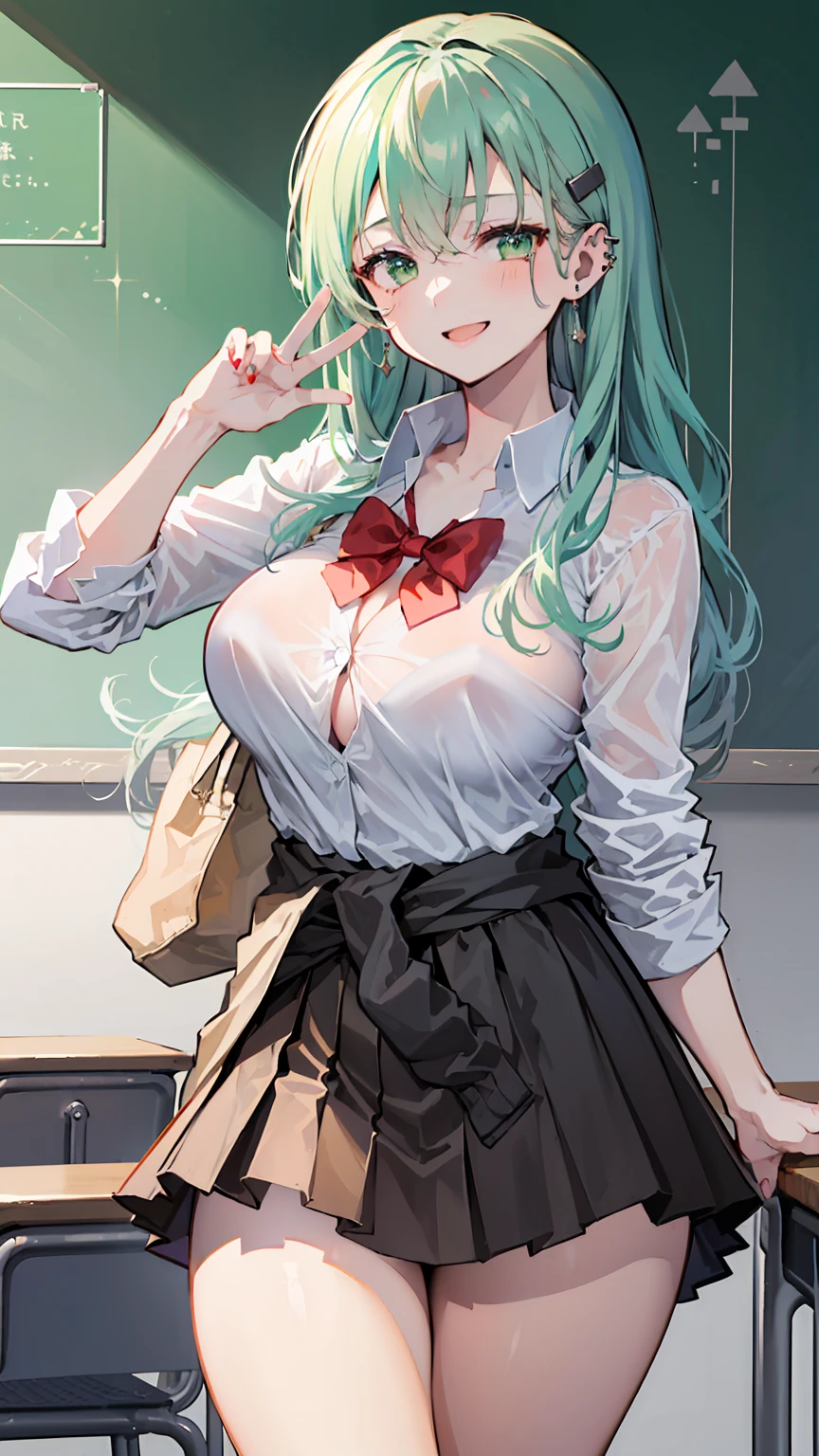 (masterpiece、Highest quality、Very detailed))、One girl、suzuya KanColle GREEN long hair GREEN eyes evil smile、((open mouth))、((lots of piercing))、((Large Breasts))、((White collared shirt))、Removed button、A bow tie、((Black pleated skirt))、((miniskirt))、cardigan around waist、((Thick waist))、thighs、Cowboy Shot、Classroom Background