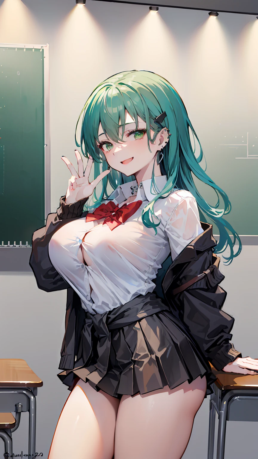 (masterpiece、Highest quality、Very detailed))、One girl、suzuya KanColle GREEN long hair GREEN eyes evil smile、((open mouth))、((lots of piercing))、((Large Breasts))、((White collared shirt))、Removed button、A bow tie、((Black pleated skirt))、((miniskirt))、cardigan around waist、((Thick waist))、thighs、Cowboy Shot、Classroom Background