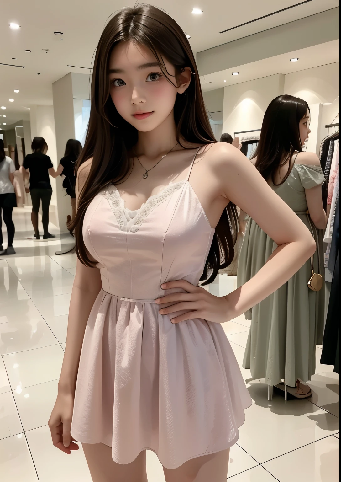 A beautiful cute and sweet -yeld Kon girl standing in a mall shopping for clothes, wearing a short pink sweetheart mini dress, detailed facial features, large expressive eyes, long eyelashes, detailed lips, elegant pose, detailed dress folds and textures, detailed shopping mall interior, bright lighting, vibrant colors, photorealistic, 8k, high resolution, intricate details, masterpiece, digital art, realistic,