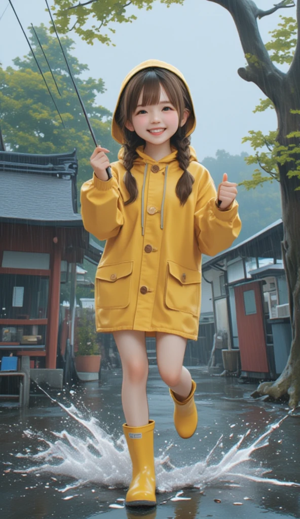 (((A dim cloudy day:1.75、 It's raining:1.37)))、quality\(8k,非常に精細なCGユニットの wallpaper, masterpiece, high definition ,top-quality,top-quality real texture skin, surreal, increase resolution , RAW photo,最高quality, very detailed, wallpaper\),break、A tribute to My Neighbor Totoro、 one girl who is at ease、 It's raining、  innocent and cute face 、smile、 brown hair、 braids 、Rainy Day、yellow raincoat、Put on the hood of your raincoat、Yellow Boots、umbrellaで遊ぶ濡れた女の子、Excited、長靴で puddleの水をスパークさせている、break、 very detailed umbrella、物理的に正しいumbrella、Straight rod with U-shaped handle、umbrella、break、Old Shrine、Large camphor tree、Old Japanese bus stop、 puddle、 It's raining、Splish  splash,  splash,  splash,  splash、