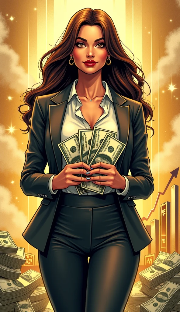 "A confident and stylish adult woman, with a modern and sophisticated look, dressed in a sleek blazer and skirt suitable for a business environment. She has long, flowing hair and wears subtle, professional jewelry. The woman is holding stacks of dollar bills in her hands, symbolizing financial success. She is surrounded by a background that exudes prosperity, featuring elements like golden rays, sparkling lights, financial graphs, and symbols of growth, such as upward arrows. The background has a rich, luxurious feel with gold tones, subtle gradients, and abstract patterns that represent wealth. The woman has a poised and empowering demeanor, with a slight, confident smile. The overall style is comic book-inspired with vibrant colors.