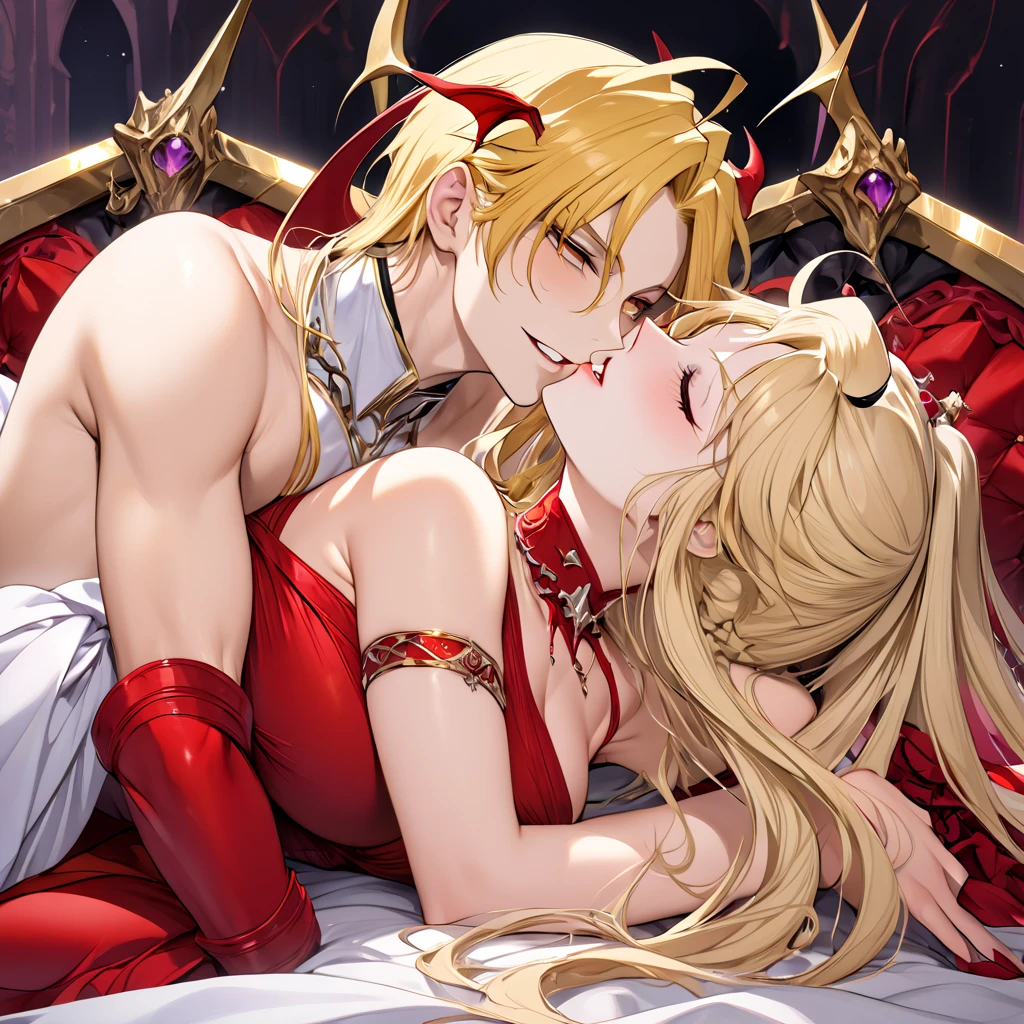 (2 girls:1.5) (very close up:1.5) (exposed butt:1.4) (lying on bed on top of each other:1.3) (squished breasts:1.3) (adult woman:1.2) (topless:1.1) (elaborate beautiful red gold:1.2) (ruby red chains on wrists) (ruby red halo) red rose choker, night, dark cozy bedroom, mood lighting, on bed, Absurd, Perfect Anatomy, performance, Good lighting, Shadows in the movies, very large breasts, large butt, thin waist, Long HAIR, (blonde hair), (loving look:1.4), original HAIR style, Dynamic Angle, (detailed face:1.3) (dynamic lighting:1.5), (ruby red eyes) (ruby red leaf bracers on arms) (ruby red leaf hair piece) (elaborate ruby necklace) (red roses on bed:1.3) (red roses in hair) (stunning beautiful red eyes)