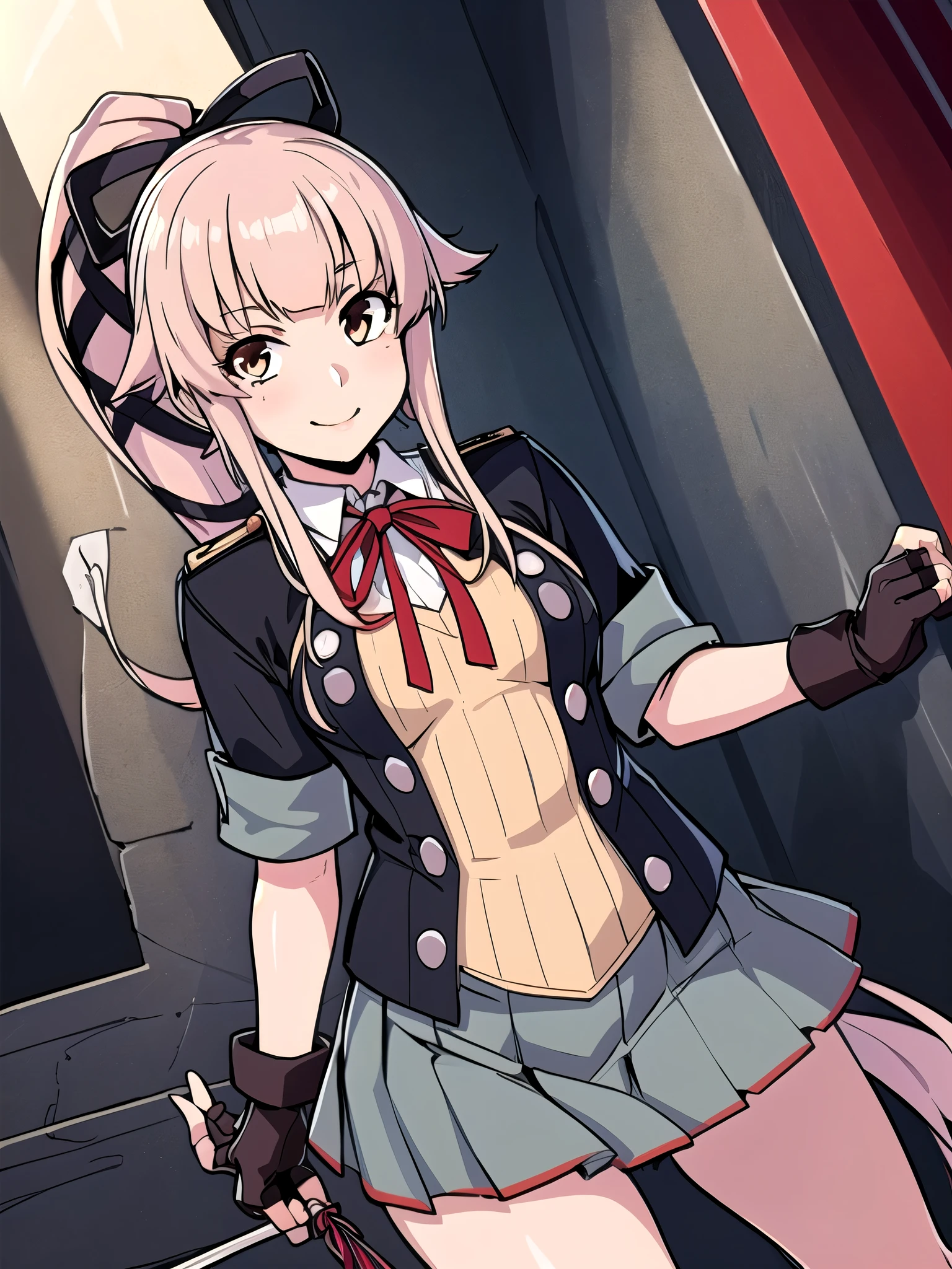 (masterpiece,   best quality :1.2), Alone,  one girl who is at ease, Yuradev  , smile,  Show viewer ,  turn your arm back ,  ponytails bleeding from the vagina,   hair bow , ,  jacket, Seraph,   neck ribbon ,  Black Gloves ,  partially fingerless gloves,  gray skirt  