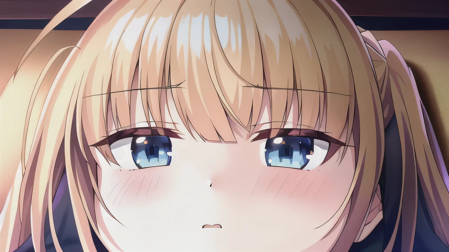 masterpiece,  best quality,  high definition , Game CG,  1 girl , ,Ponytail, blue eyes, watching viewers ,Ponytail, blue eyes ,  with bangs,Blonde,Droopy eyes,Align your bangs,I'm watching , bangs, upper body,Ahoge,I'm closing my legs, bed,pillow,One person.alone,Kotatsu, tangerine ,cage