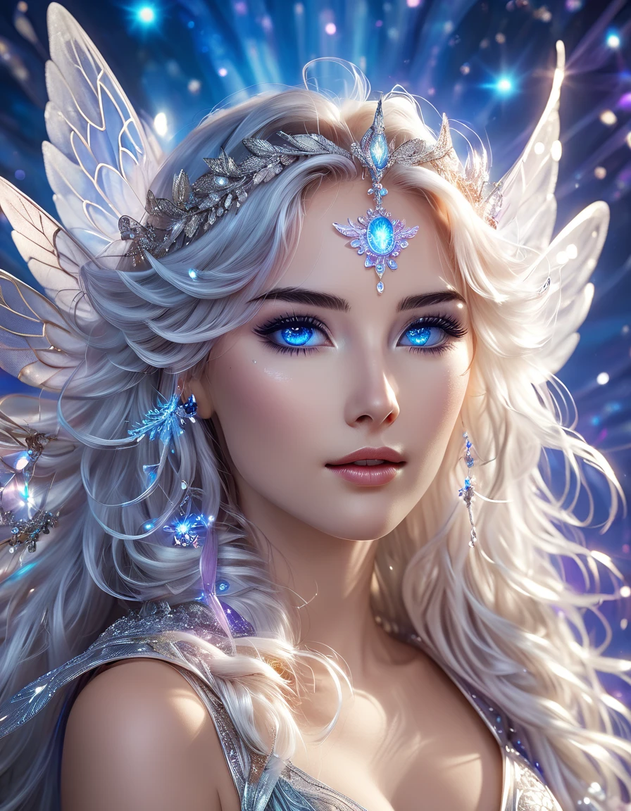 (A beautiful woman with iridescent opal skin, intricate detailed eyes, full lips, delicate facial features, long flowing hair, surrounded by a magical glowing aura, ethereal and otherworldly, highly detailed, cinematic lighting, dramatic lighting, fantasy, digital art, vibrant colors, jewel-toned, luminous, shimmering, glowing, mesmerizing, captivating)