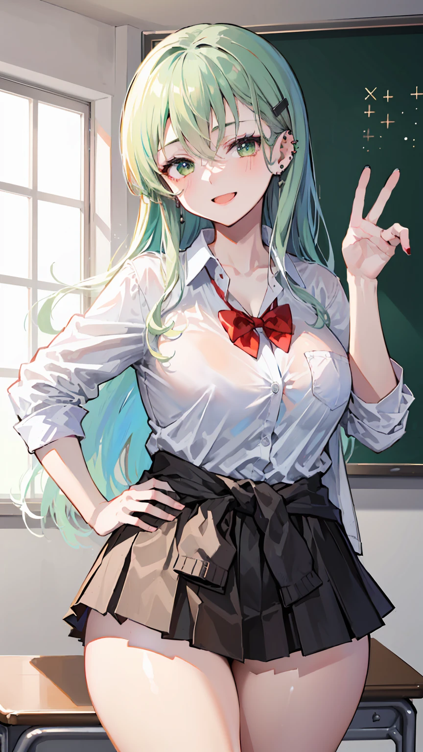 (masterpiece、Highest quality、Very detailed))、One girl、suzuya KanColle GREEN long hair GREEN eyes evil smile、((open mouth))、((lots of piercing))、((Large Breasts))、((White collared shirt))、Removed button、A bow tie、((Black pleated skirt))、((miniskirt))、cardigan around waist、((Thick waist))、thighs、Cowboy Shot、Classroom Background