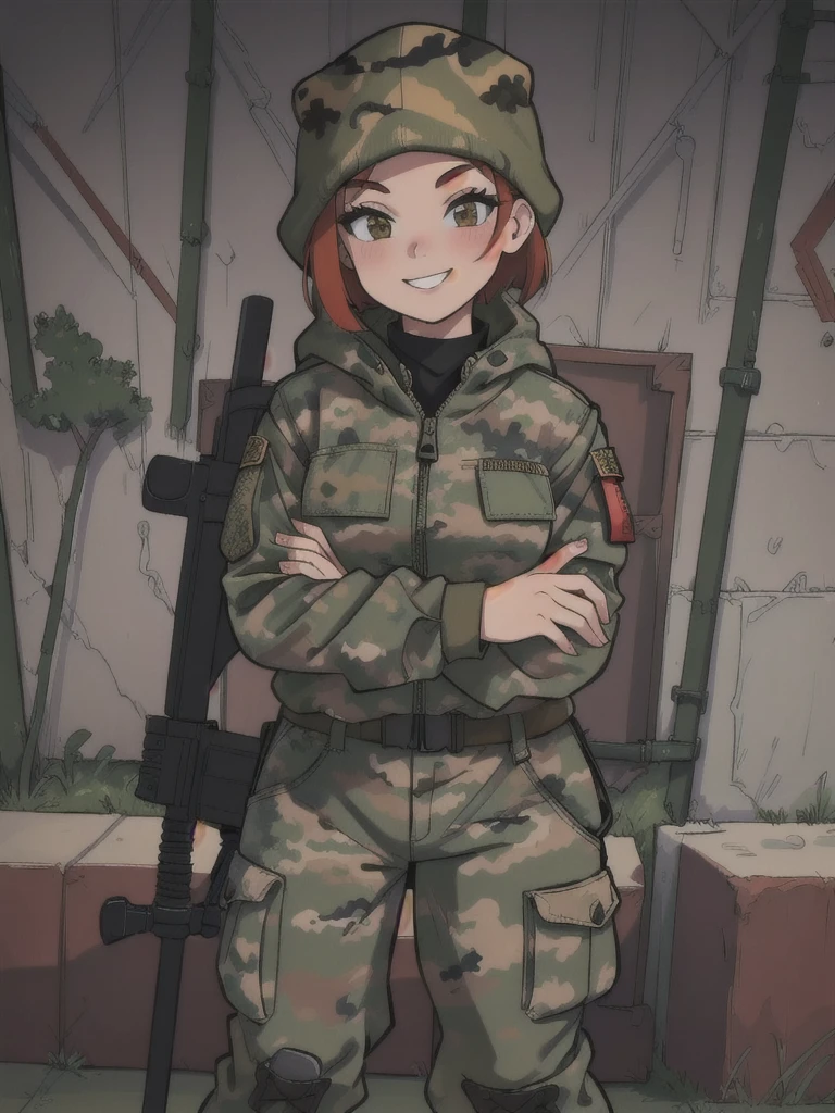 girl with smile and red short hair, with a camouflage jacket, camouflage balaclava, camouflage pants and army boots.