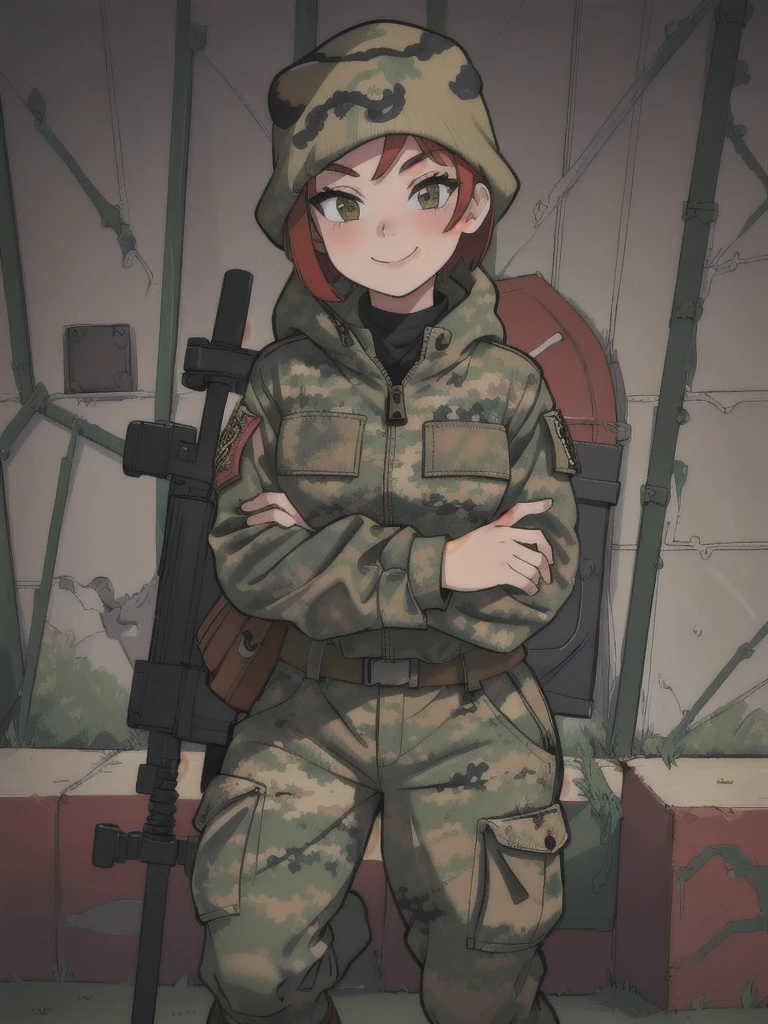 girl with smile and red short hair, with a camouflage jacket, camouflage balaclava, camouflage pants and army boots.