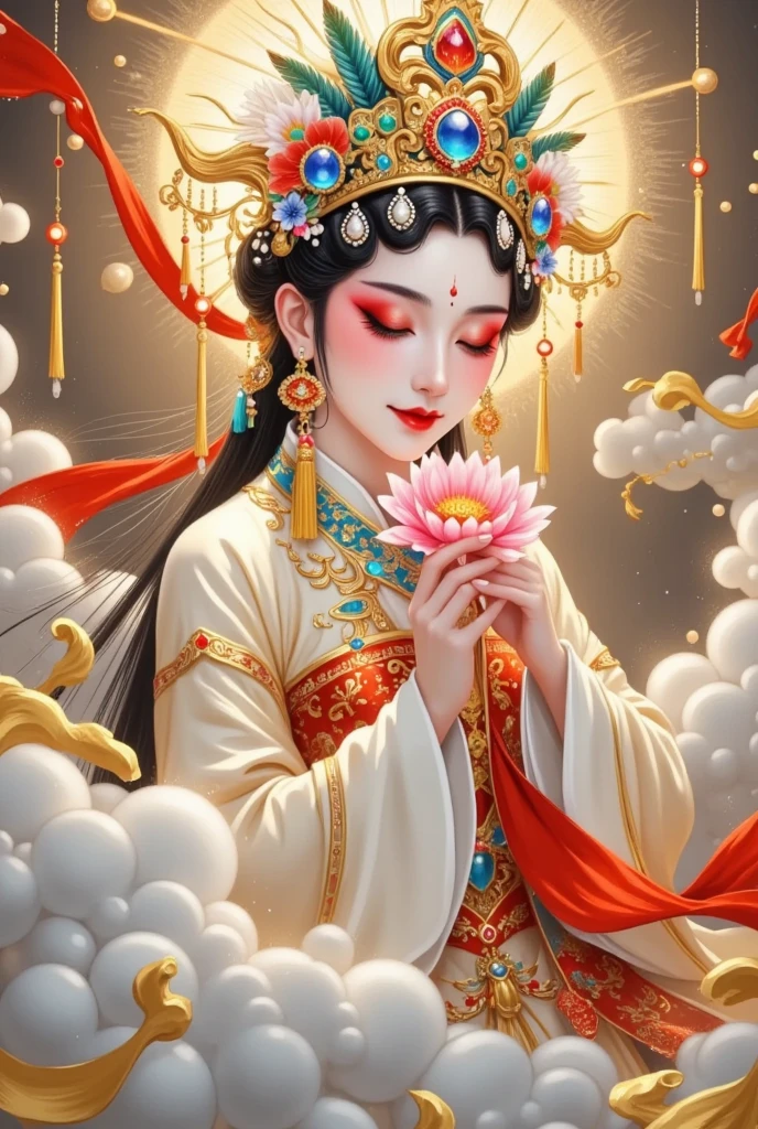 thangka illustration。Colorful flying sky ，flowing red silk， A beautiful goddess with a golden cloud and sky background,Portrait of a very beautiful girl，Statue of Tara Bodhisattva ， red eyeshadow， red face ，Red lips，，front， skin details ，Fine hair。Crown(Dot emerald +Cloisonne+ filigree enamel+flower+pearl+tassel)， upper body , 手持莲flower .  fair skin ,  is surrounded by clouds， has a golden halo on her face .(((yarn，Satin， red silk streamer))) golden fantasy 。Glowing particles。 ray tracing 。Double Exposure。A little white rabbit。
