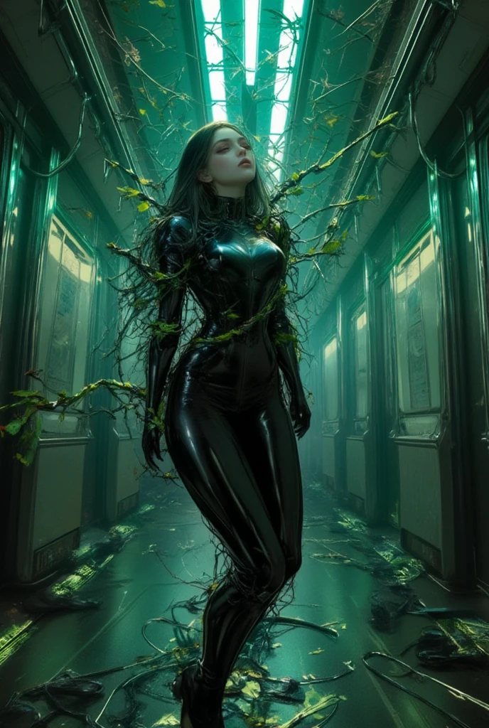 A cybernetic woman restrained by vines and wires, floating in a train subway. The fluorescent lights above cast a cold, greenish glow on the figure’s expressionless face. Scattered equipment lie on the floor, creating an atmosphere of dystopian neglect, oil painting, ink artistic conception, hyper-realistic, depth of field, dramatic lighting, Realistic, highly detailed, masterpiece, 8k, Cinematic Composition, dark moody vibe, Dramatic Shadows, Intricate and elaborate pattern, 30 megapixel, chiaroscuro lighting, moody color palette, deep contrast, super real, real paint texture, A fusion of the styles of Katsuya Terada, Range Murata, Akiman and JUNNY