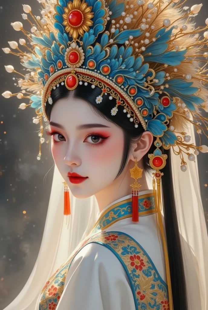 (masterpiece,  best quality :1.2), Ancient style girl,  unique ， Peking Opera Huadan , Peking Opera，Gorgeous headdress+velvet, Big Eyes of Water  ,  blue, Characters, Motion Blur, Liu Haisu,   New Detailed Brushes  , Shallow depth of field, Ultra-fine painting,   Dazzling Light and Shadow  ,  Face Fines ,   Impressionist Oil Paints  ,   New Detailed Brushes  ,   Dazzling Light and Shadow   play,  black magic,  movie lighting , 8K,   Oriental Art Mood  , Three-dimensional sense of space ,  high res,  Center Light .