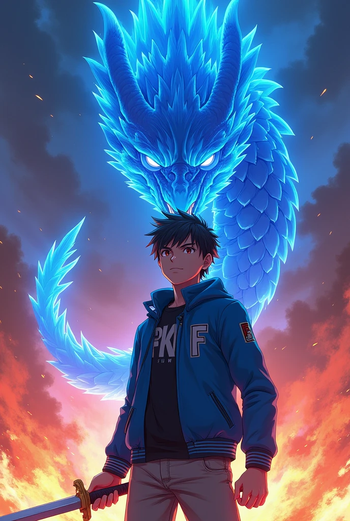 clear blue sky、Blue dragon flying in the sky、male、20-year-old、Black Hair、5-people、smile、Full of hope、アニメのmale、Encircled、White collared shirt、Lively、Highest quality、Masterpiece、bright、laughing、Serious face、blue dragon、Clenched fist、running