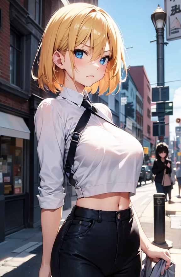 2D Anime Style、Blue eyes、Beautiful shining eyes, (Talented lo-fi:1.3),breasts are slightly larger、high and beautiful nose,Beautiful profile with a slender outline,A cool adult woman with short blonde hair and an angry expression.....................、Biting your lip,Fashion that shows off your stomach, he is wearing a net top and pants。。。。。。..,walking down the streets of america,