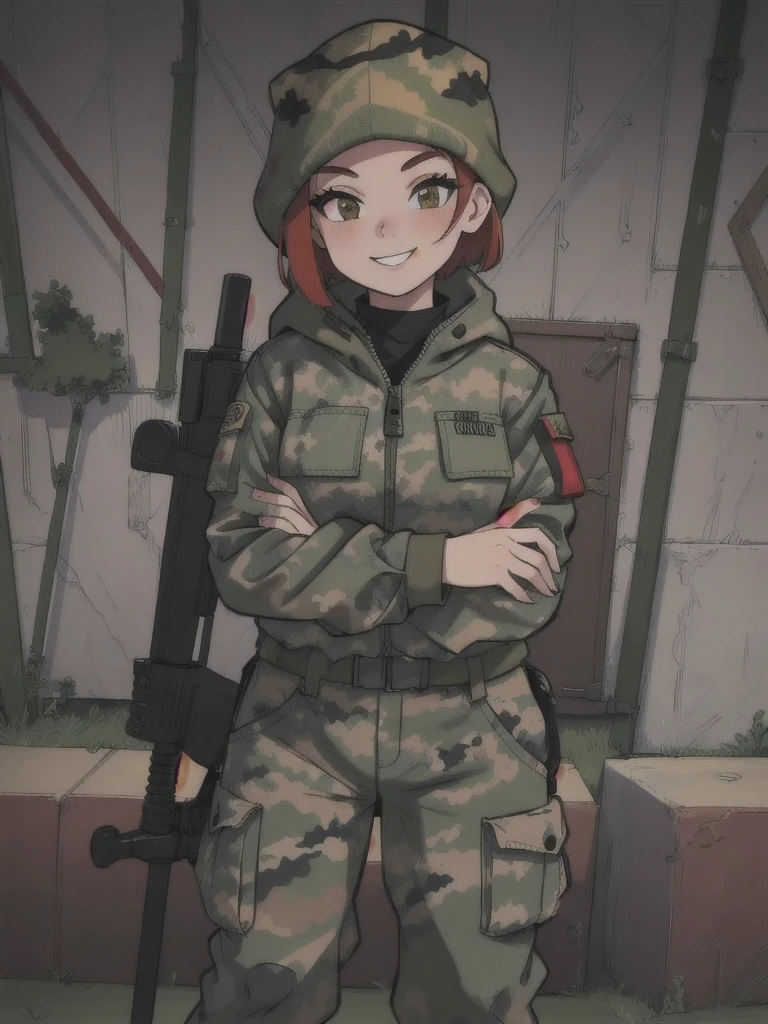 girl with smile and red short hair, with a camouflage jacket, camouflage balaclava, camouflage pants 