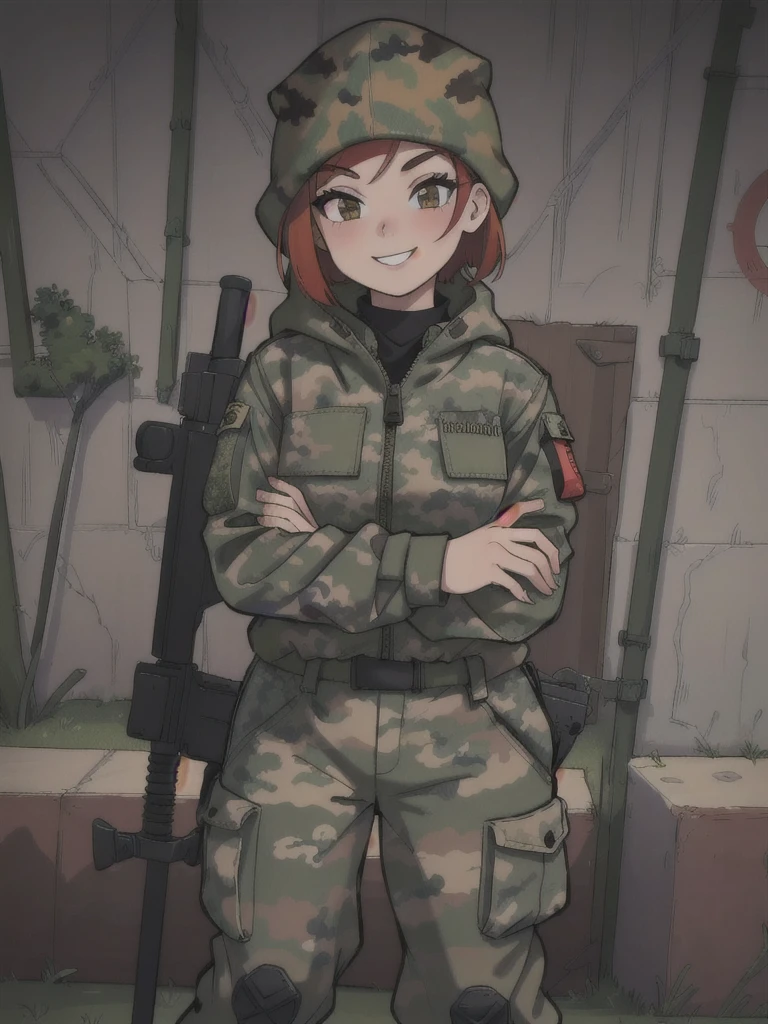 girl with smile and red short hair, with a camouflage jacket, camouflage balaclava, camouflage pants 