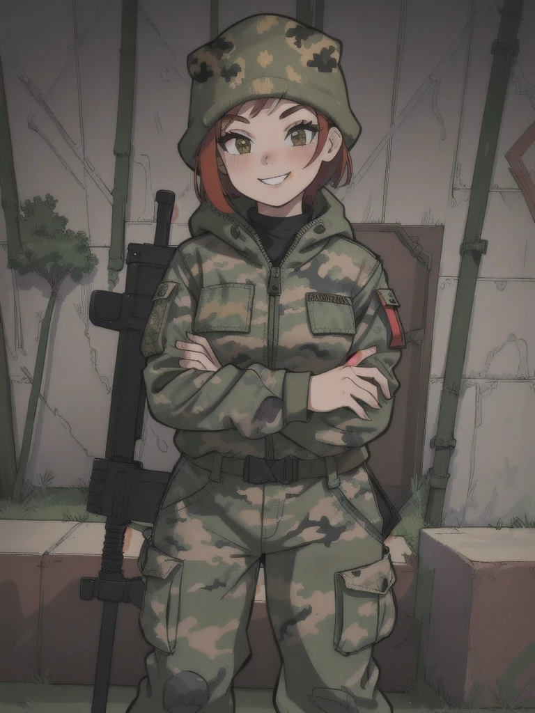 girl with smile and red short hair, with a camouflage jacket, camouflage balaclava, camouflage pants 