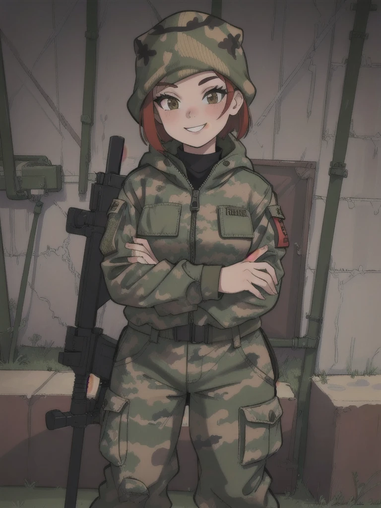 girl with smile and red short hair, with a camouflage jacket, camouflage balaclava, camouflage pants 