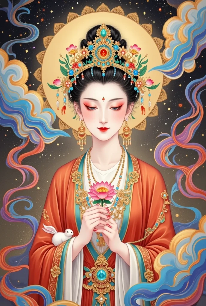 thangka illustration。Colorful flying sky ，flowing red silk， A beautiful goddess with a golden cloud and sky background,Portrait of a very beautiful fairy ，Statue of Tara Bodhisattva ， red eyeshadow， red face ，Red lips，，front， skin details ，Fine hair。Crown(Dot emerald +Cloisonne+ filigree enamel+flower+pearl+tassel)， upper body , 手持莲flower .  fair skin ,  is surrounded by clouds， has a golden halo on her face .(((yarn，Satin， red silk streamer)))
golden fantasy 。Glowing particles。 ray tracing 。Double Exposure。A little white rabbit。