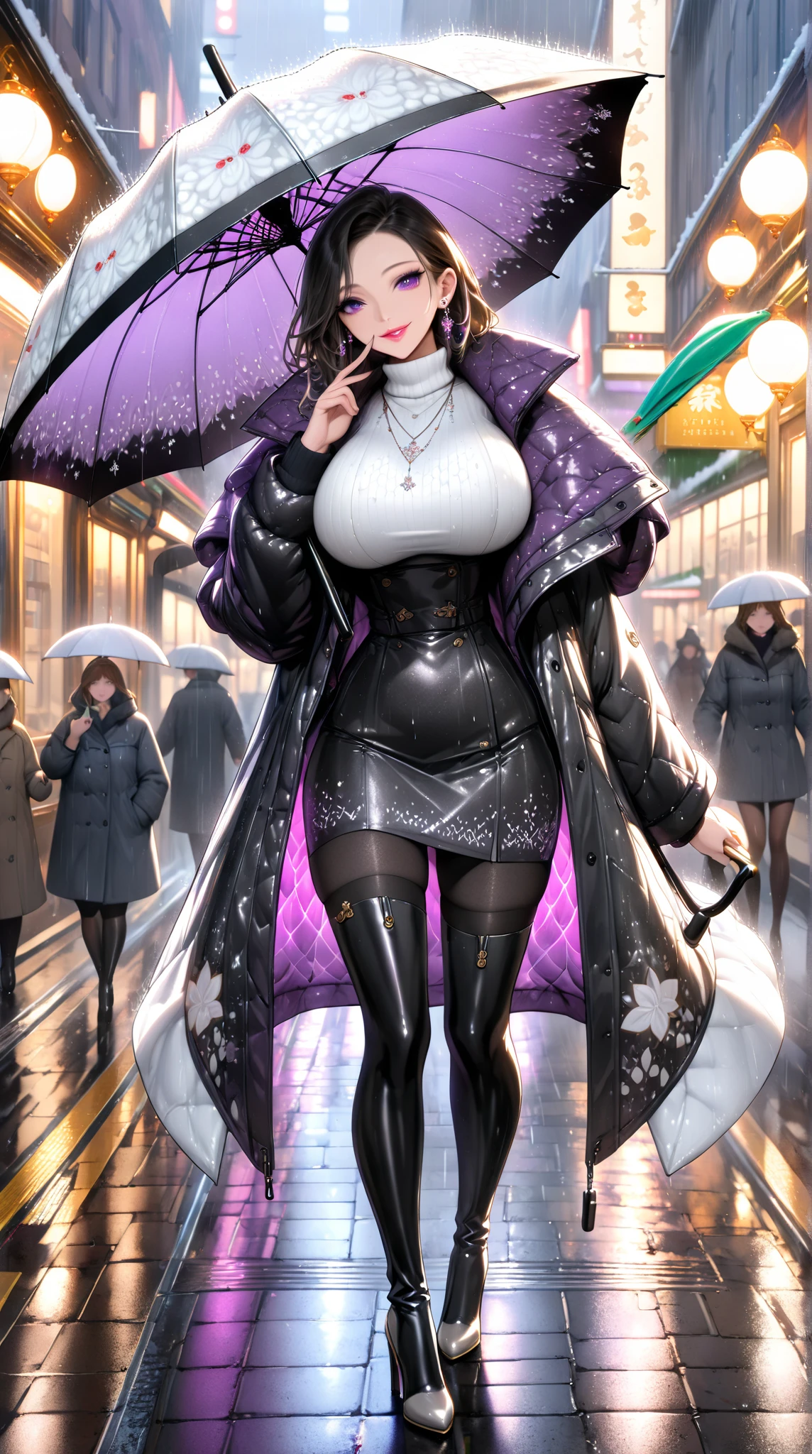  mature beautiful woman with ,( best quality, very detailed depiction, Incredibly Absurd Hi-Res,High quality anime drawings),( Woman Walking Down Main Street In The Rain ,winter coat , tight skirt on the express train,Shiny Cloth ,Winter clothes, earrings with white radish motifs, Necklaces , black tights, thigh high boots, high heels,Holding an umbrella,White radish pattern umbrella :1.3, white daikon picture umbrella :1.3),(Purple Eyes, half closed eyes, Big Breasts ,Glossy lips,Flashy makeup, bewitching smile:1.2,Beautiful legs,Seductive gestures,Put your finger over your mouth, seductive butts), full body image :1.3, standing:1.3,Side view:1.3