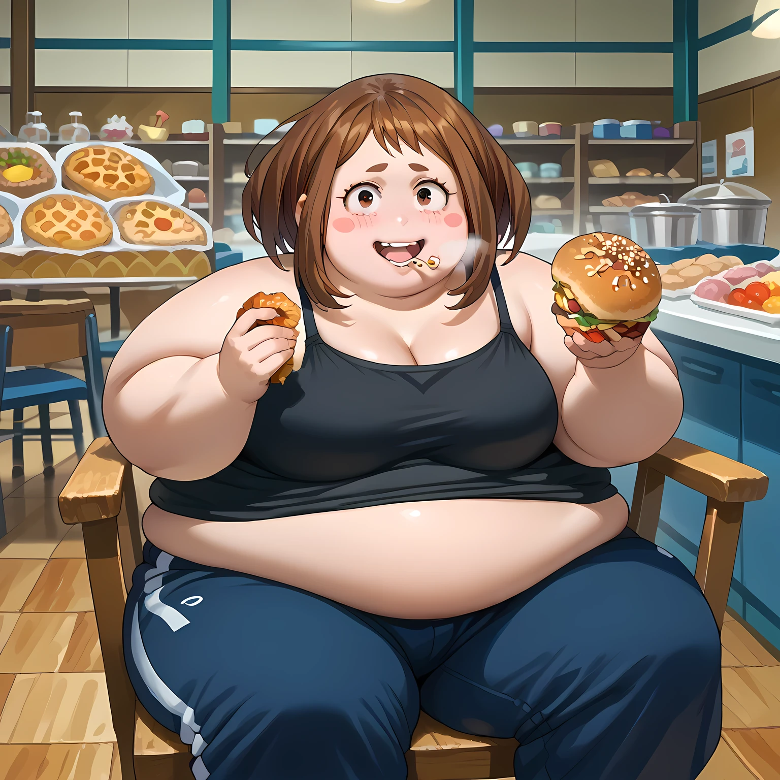 score_9, score_8_up, score_7_up, source_anime,
ochakouraraka, ochako uraraka, brown eyes, brown hair, short hair, blush, blush stickers, smile,
bare shoulders, pants, black shirt, tank top, blue pants, black tank top, track pants,
indoors,
looking at viewer,  fat, chubby, obese, gigantic arms and legs, large breasts open mouth, out of breath, full body shot, sitting on chair, eating, junk food 