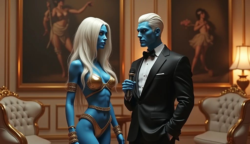 (masterpiece), best quality, very detailed face, ((old man wearing a black suit blue suit suit hugs hugs hugs)) (((nude naked young teen white girl who wears colorful tribal body paint and has blond bob hair))) and unhappy face and blue eye and medium breast and nipple and and thigh and tribal necklace and earring and tribal bracelet, standing in classroom, modern art on wall, man in the background,
