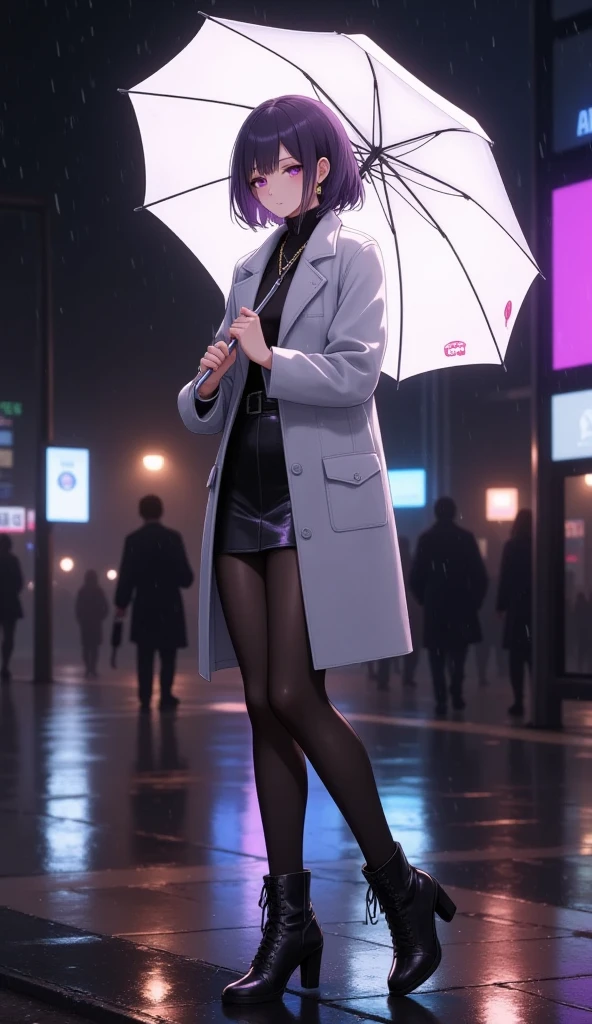  mature beautiful woman with ,( best quality, very detailed depiction, Incredibly Absurd Hi-Res,High quality anime drawings:2.0),( Woman Walking Down Main Street In The Rain ,winter coat , tight skirt on the express train,Shiny Cloth ,Winter clothes, earrings with white radish motifs, Necklaces , black tights, thigh high boots, high heels,Holding an umbrella,White radish pattern umbrella :2.0,An umbrella with a picture of a white radish:2.0),(Purple Eyes, half closed eyes:2.0, Big Breasts ,Glossy lips,Flashy makeup, bewitching smile:2.0,Beautiful legs,Seductive gestures,Put your finger over your mouth, seductive butts), full body image :2.0, standing:2.0,Side view:2.0