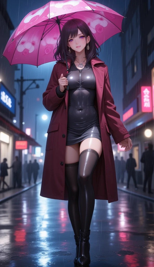  mature beautiful woman with ,( best quality, very detailed depiction, Incredibly Absurd Hi-Res,High quality anime drawings:2.0),( Woman Walking Down Main Street In The Rain ,winter coat , tight skirt on the express train,Shiny Cloth ,Winter clothes, earrings with white radish motifs, Necklaces , black tights, thigh high boots, high heels,Holding an umbrella,White radish pattern umbrella :2.0,An umbrella with a picture of a white radish:2.0),(Purple Eyes, half closed eyes:2.0, Big Breasts ,Glossy lips,Flashy makeup, bewitching smile:2.0,Beautiful legs,Seductive gestures,Put your finger over your mouth, seductive butts), full body image :2.0, standing:2.0,Side view:2.0