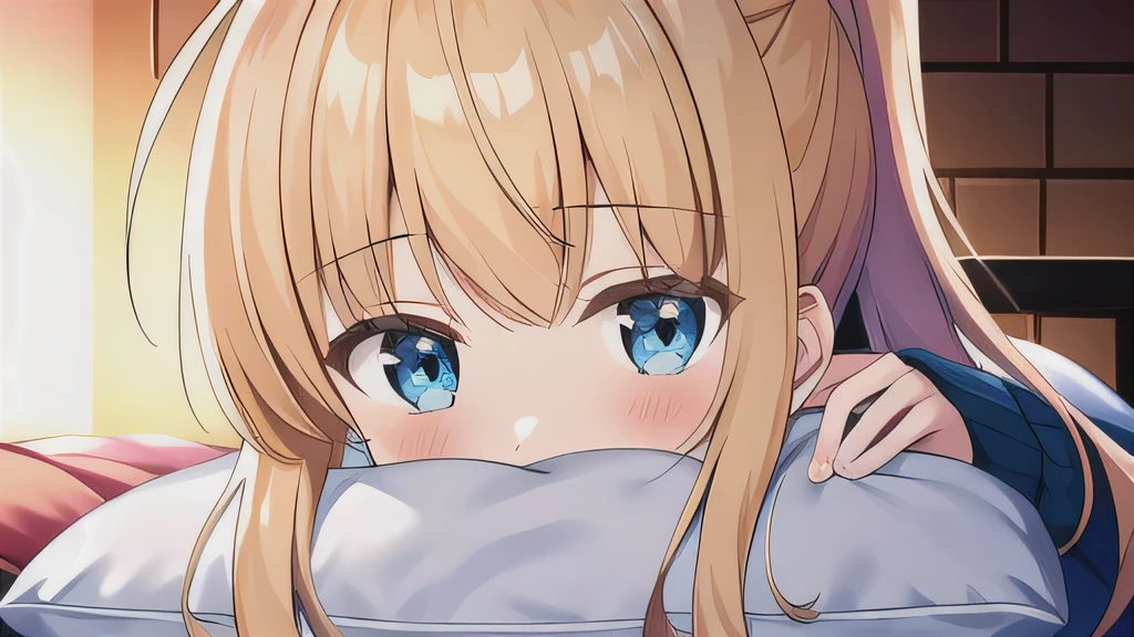 masterpiece, best quality, high definition , Game CG, 1 girl , ,Ponytail, blue eyes, watching viewers ,Ponytail, blue eyes , with bangs,Blonde,Droopy eyes,Align your bangs,I'm watching , bangs, upper body,Ahoge,I'm closing my legs, bed,pillow,One person.alone,Kotatsu, tangerine ,cage