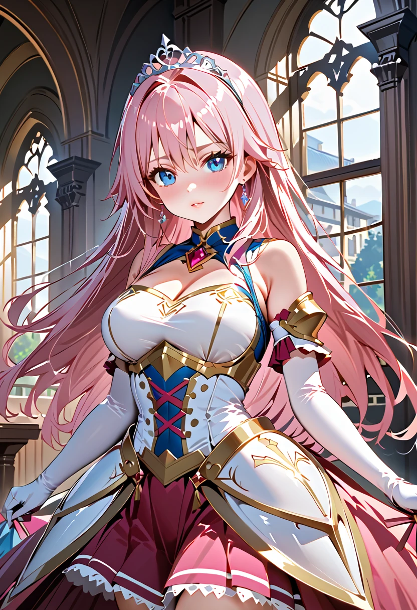   best quality 、 very detailed、 high resolution illustration 、 Ultra-high-definition CG、８k size wallpaper、( one girl who is at ease),Charlotte_Hazellink,  Pink Hair, Long Hair,  blue eyes,  Big Breasts ,  dress, Gloves,  jewelry,  clevis,  princess your toddler,elbow Gloves, tiara ,brooch,white Gloves、Adult women、thin、 Very Beautiful 、 beautiful face、(((Blue and white armor、breastplate、Shiny Armor:1.2)))、 holding a bow、 Gold Earrings 、 Pink Hair, Long Hair,  blue eyes,  pink lips、whole body