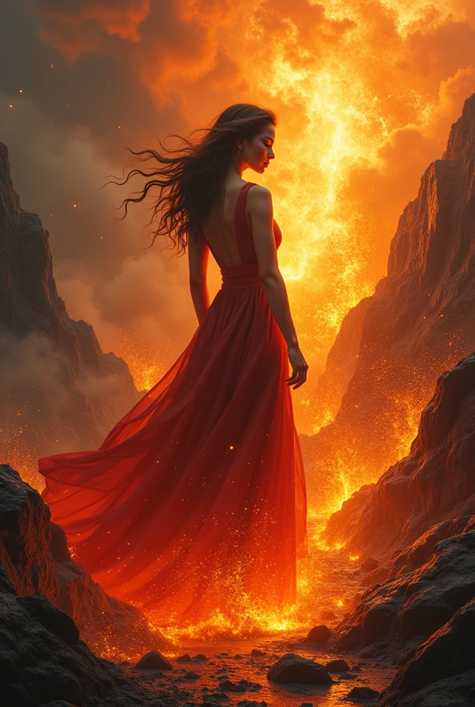 A woman, in a long sleeveed red dress, falling backwards into a volcano full of lava