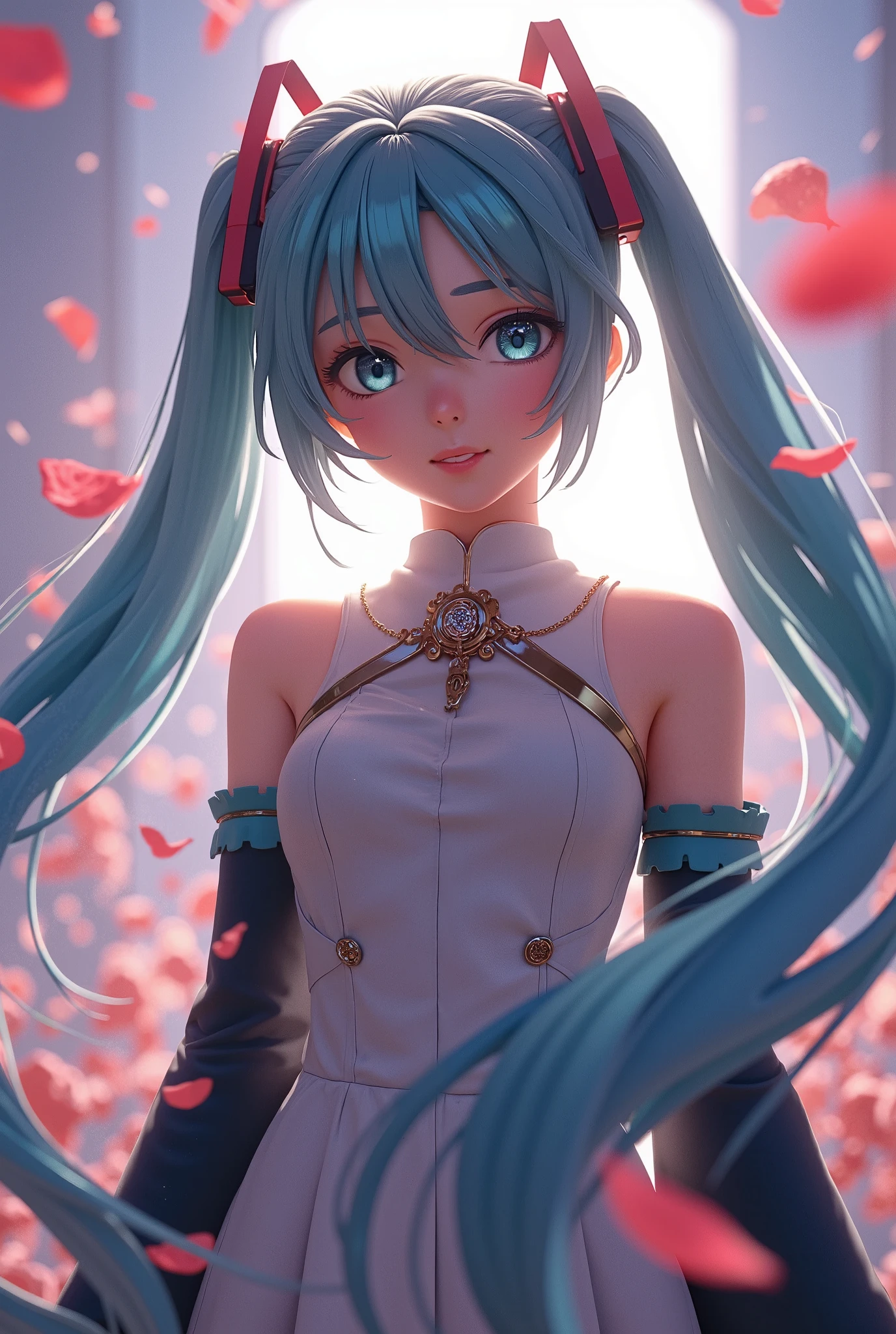 (masterpiece、 best quality、 best quality、 Official Art、 beautiful and beautiful :1.2)、(一人of女of子:1.3) Hatsune Miku、 twin tails, Beautiful breasts,美しいアニメキャラクターof超詳細な3Dレンダリング,  Beautiful Soft Studio Light , Rim Light,  vivid detail,( dynamic angle :1.3), extreme closeup,風of中,cinematic highlight,1人of女of子, upper body, they are dancing,視聴者of方を見て, violet_ Evergarden, Alone,  jewelry, blank eyes,brooch,( vevry long hair:1.2),floating hairlong_sleeve, ribbon,  jacket,  dress, gem, hair_ribbon,null, Depth_of_Field, a close view of flying petal,