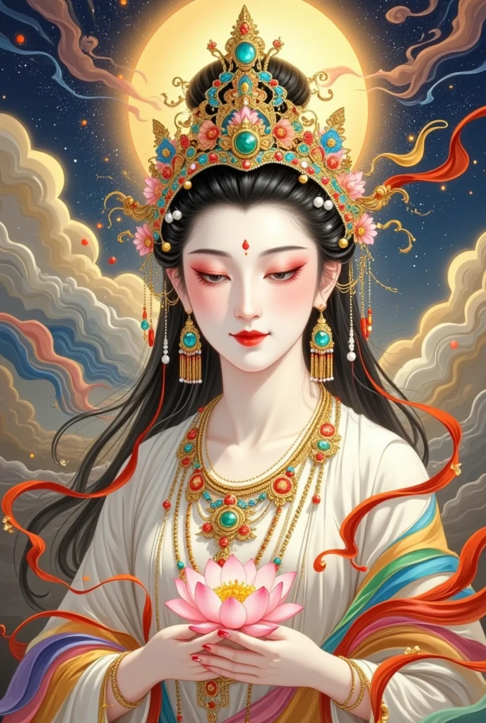 thangka illustration。Colorful flying sky ，flowing red silk， A beautiful goddess with a golden cloud and sky background,Portrait of a very beautiful fairy ，Statue of Tara Bodhisattva ， red eyeshadow， red face ，Red lips，，front， skin details ，Fine hair。Crown(Dot emerald +Cloisonne+ filigree enamel+flower+pearl+tassel)， upper body , 手持莲flower .  fair skin ,  is surrounded by clouds， has a golden halo on her face .(((yarn，Satin， red silk streamer)))
golden fantasy 。Glowing particles。 ray tracing 。Double Exposure。