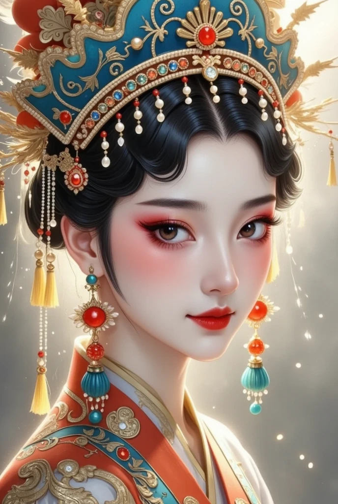 (masterpiece,  best quality :1.2), Ancient style girl,  unique ， Peking Opera Huadan , Peking Opera，Gorgeous headdress+velvet, Big Eyes of Water  ,  blue, Characters, Motion Blur, Liu Haisu,   New Detailed Brushes  , Shallow depth of field, Ultra-fine painting,   Dazzling Light and Shadow  ,  Face Fines ,   Impressionist Oil Paints  ,   New Detailed Brushes  ,   Dazzling Light and Shadow   play,  black magic,  movie lighting , 8K,   Oriental Art Mood  , Three-dimensional sense of space ,  high res,  Center Light .