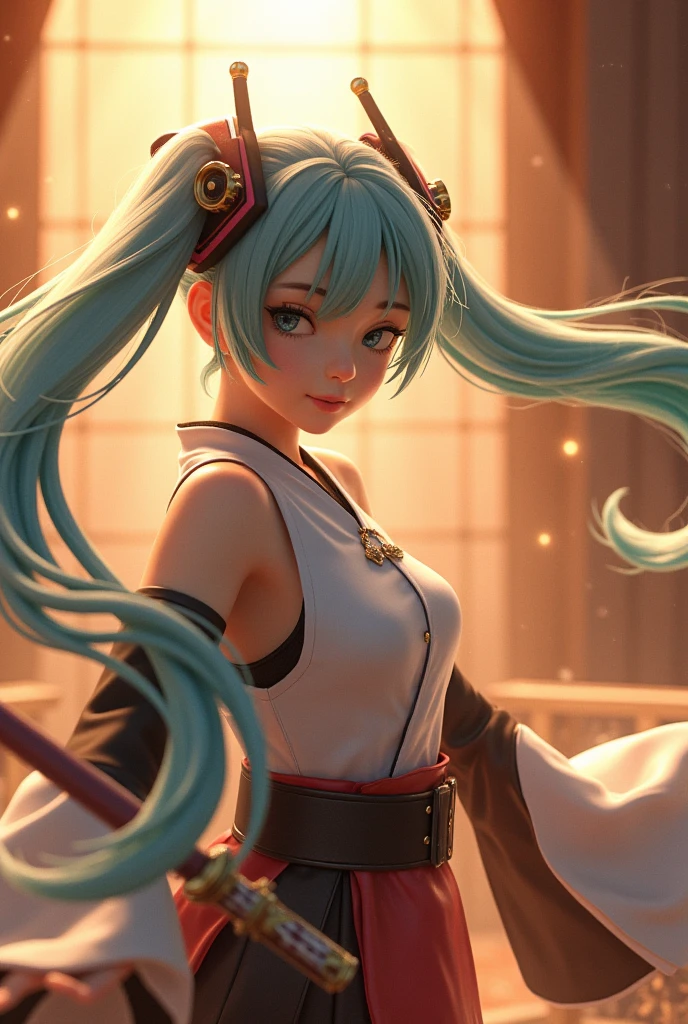 (masterpiece、 best quality、 best quality、 Official Art、 beautiful and beautiful :1.2)、( one girl who is at ease:1.3) Hatsune Miku、 twin tails, Beautiful breasts,美しいアニメキャラクターの超 Detailsな3Dレンダリング,  Beautiful Soft Studio Light , Rim Light,  vivid detail,An extremely beautiful young woman,  Modest Makeup , golden hour,  High Contrast , 8K HD,   Details, hyper-  Details,  Realistic Skin Texture ,  best quality,   ultra high resolution ,  dramatic lighting,  unreal engine , diffused light intricate silver eaba , White Emperor&#39;s Cape, spear, sword, Rudderless