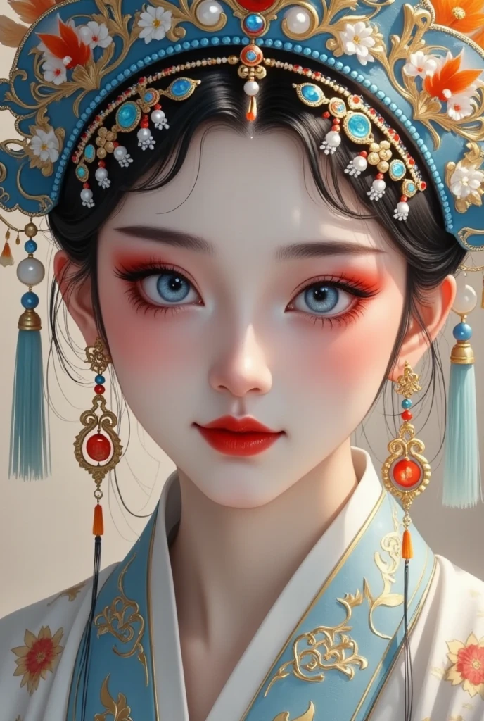 (masterpiece,  best quality:1.2), Ancient style girl,  unique ， Peking Opera Huadan , Peking Opera，Gorgeous headdress+velvet, Big Eyes of Water  ,  blue, Characters, Motion Blur, Liu Haisu,   New Detailed Brushes  , Shallow depth of field, Ultra-fine painting,   Dazzling Light and Shadow  ,  Face Fines ,   Impressionist Oil Paints  ,   New Detailed Brushes  ,   Dazzling Light and Shadow   play,  black magic,  movie lighting , 8K,   Oriental Art Mood  , Three-dimensional sense of space ,  high res,  Center Light .smoke，Heavy fog