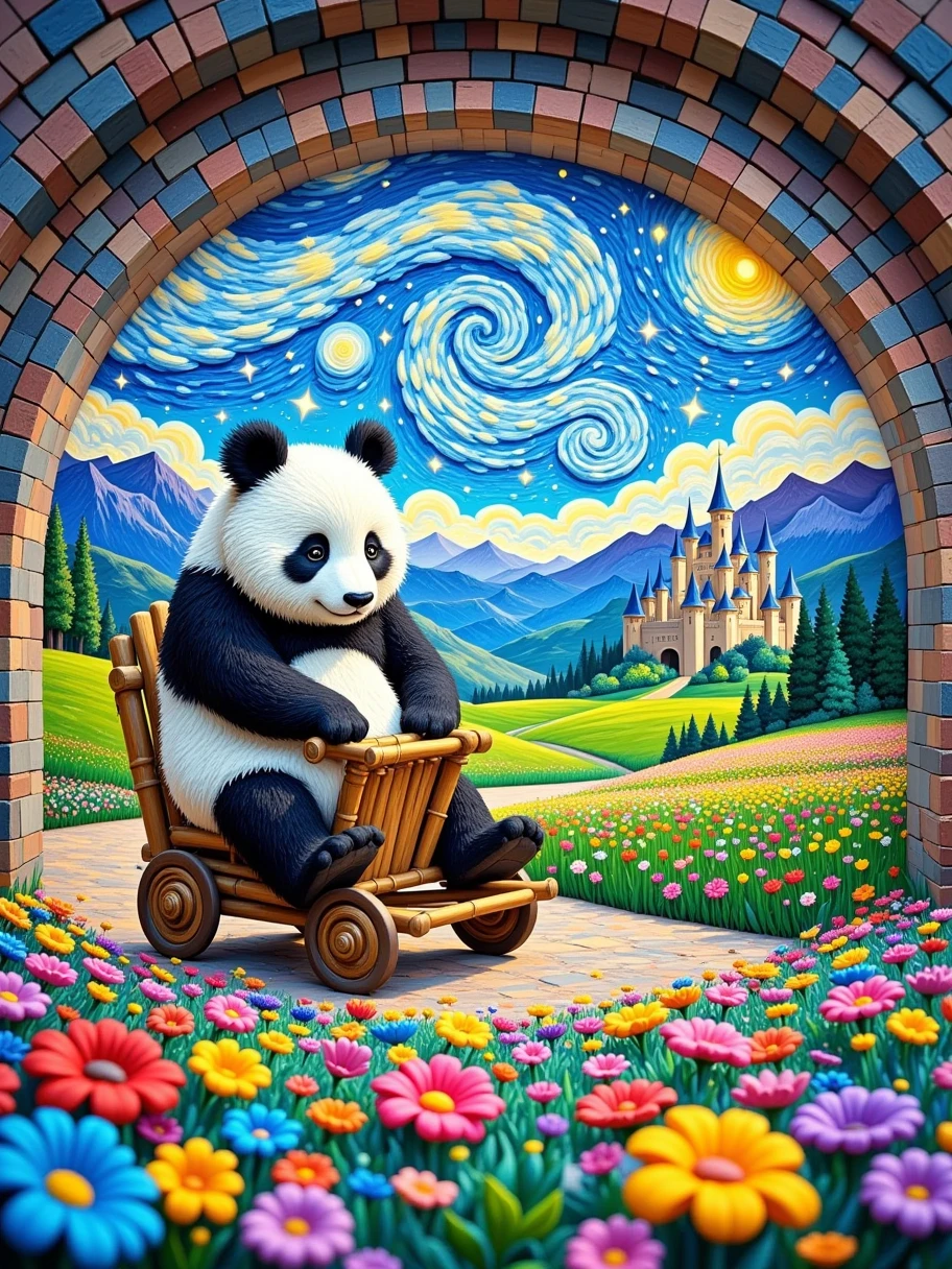 3D three-dimensional oil painting, Van Gogh-style oil painting, fingerprint-pressed oil painting, three-dimensional relief, with dreamy colors and details. There is a cute panda pushing a chair cart made of bamboo out of the tunnel. The panda is chubby and extremely lovely, and the bamboo chair cart is exquisite and distinctive. Close-up. The background is a vast sky, with swirling clouds and bright stars in the sky, giving a sense of a starry sky. The ground is covered with colorful flowers, and the sea of flowers extends into the distance. In the distance, there are rolling mountains, and at the foot of the mountains, there is a castle, with green grass and trees around it. The picture is full of fun and vitality