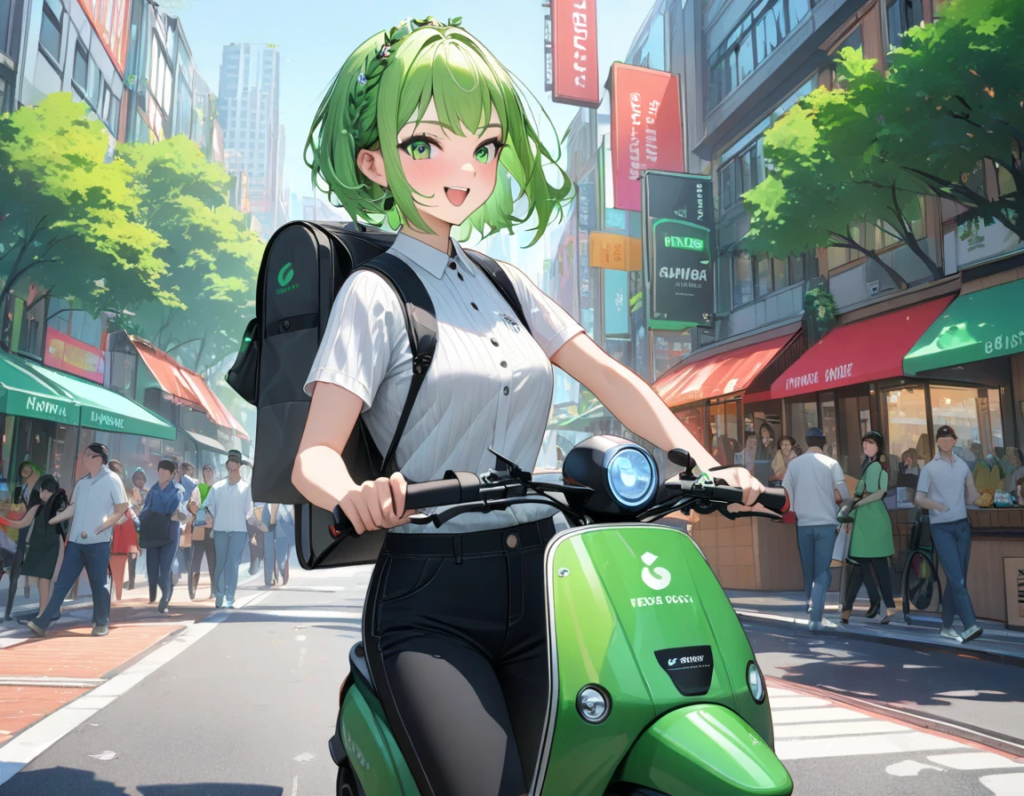 (((Best quality, 8k, Masterpiece: 1.3)), ((best quality)), ((masterpiece)), (detailed), perfect face, perfect body, (detailed skin:1.3), (intricate details), A young girl with short green hair, wearing a casual yet professional outfit suitable for a delivery person. She is riding a sleek, modern scooter in a vibrant urban setting. The girl carries a branded Uber Eats delivery bag on her back, and her expression is cheerful and determined, as if she's focused on her next delivery. The street around her is lively, with colorful signs, trees, and people walking by. The atmosphere is dynamic, evoking the hustle and bustle of city life during the daytime.