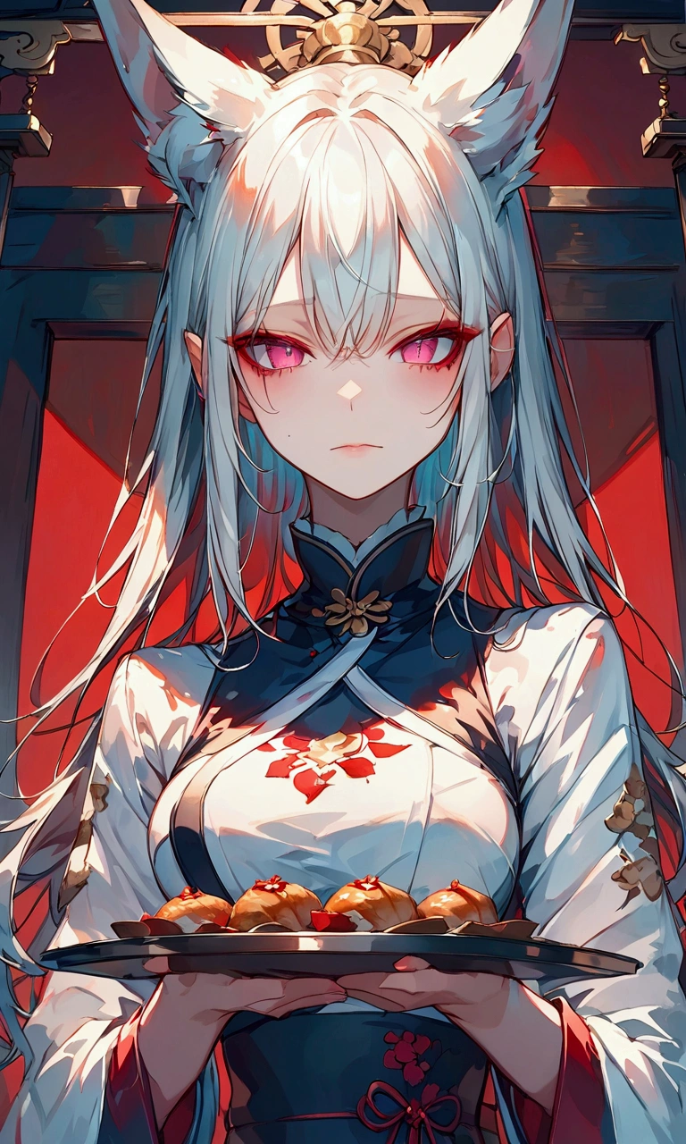 Masterpiece, highest resolution, highest quality, detailed depiction, beautiful, art, watercolor style, Japanese yokai, Frontal Shot 、 Front Shot 、 anthropomorphized fox, fair skin, slender eyes with distinct red eyeliner, Beautiful silver hair, long hair, fox ears emerging from the head, Beautiful waitress ,  holding a tray in front of her chest with both hands,  embarrassed face 、Red face、 family restaurant background 、 4K graphics.