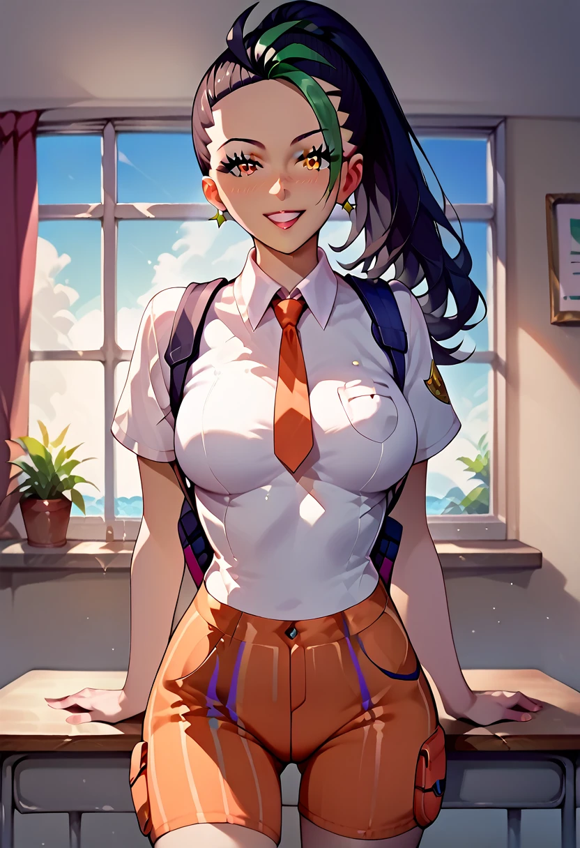 (masterpiece), (Best quality), (Very detailed), (high resolution), (8Khighres), (cel anime), (detailed beautiful face and eyes), (textile shading), (cowboy shot), (classroom), Nemona \(Pokemon\), black hair, green hair, orange eyes, dark skin, multicolored hair, two-tone hair, hair pulled back, collared shirt, fingerless gloves, orange shorts, orange tie, backpack, beautiful breasts,, happy, smile, empty eyes, sex, cowgirl, bick dick, 1 man, 1 girl