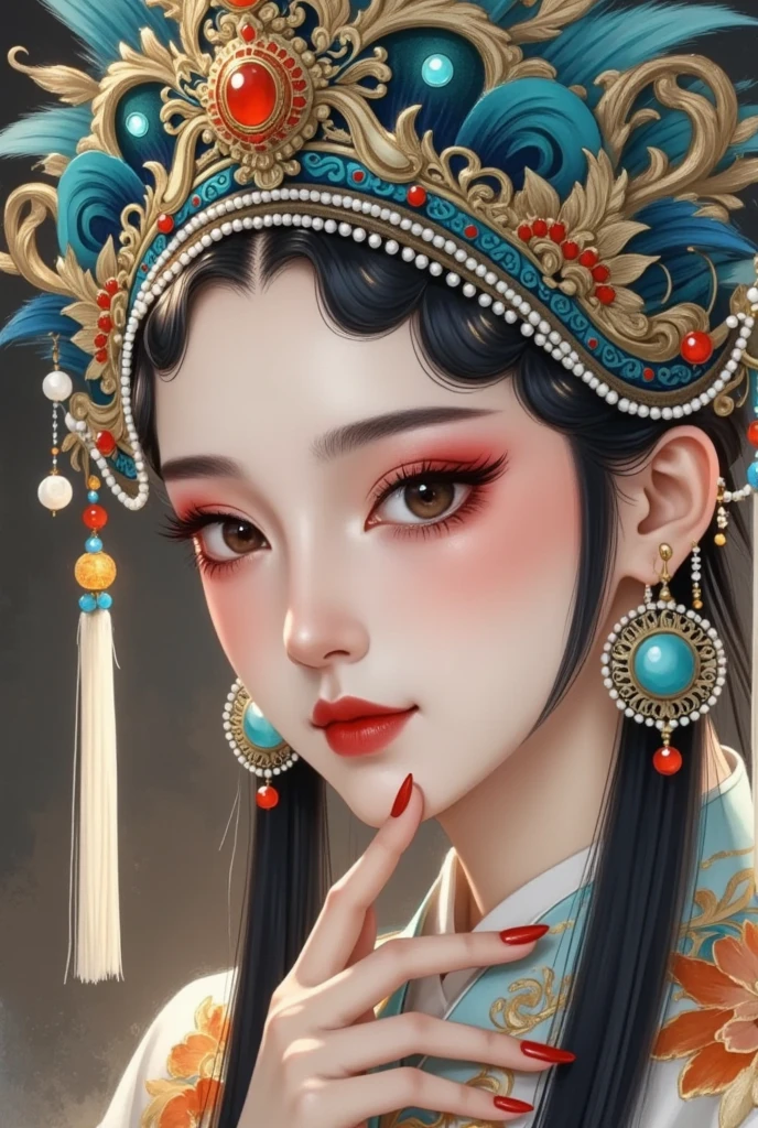 (masterpiece,  best quality:1.2), Ancient style girl,  unique ， Peking Opera Huadan , Peking Opera，Gorgeous headdress+velvet, Big Eyes of Water  , hand，Red nails， blue, Characters, Motion Blur, Liu Haisu,   New Detailed Brushes  , Shallow depth of field, Ultra-fine painting,   Dazzling Light and Shadow  ,  Face Fines ,   Impressionist Oil Paints  ,   New Detailed Brushes  ,   Dazzling Light and Shadow   play,  black magic,  movie lighting , 8K,   Oriental Art Mood  , Three-dimensional sense of space ,  high res,  Center Light .