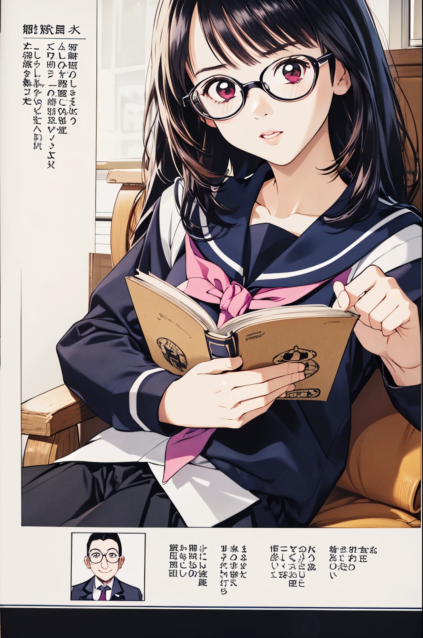 (8k、top-quality、​masterpiece:1.2)、(Realistic、Ultra-detailed、 super A high resolution 、 beautiful detailed face , perfect body for a lawn,( 1 girl ,Long black hair),( school uniform, sailor suit ,Purple Shirt,navy skirt,White Thailand), Contrapost, clevis,in classroom, Portrait、 Libraries 、 reading a book、(( wear black glasses to capture  )), Pretty Cure、