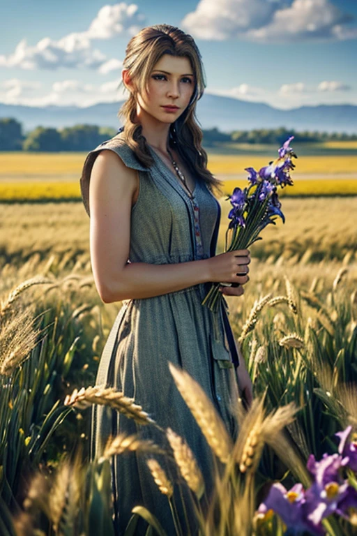 Iris Final Fantasy, against the background of a field of wheat and flowers with a wreath of herbs in her hands, holds a spikelet photo shoot realistic,  detailed 