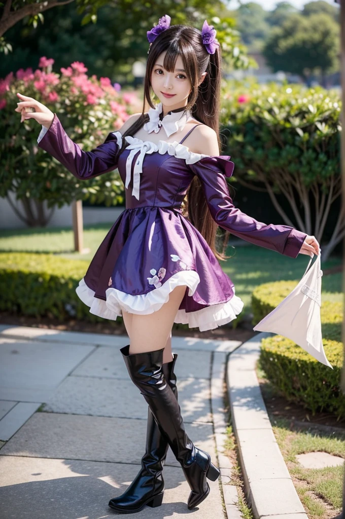  A woman in a purple dress and black boots is taking pictures, 華やかな  cosplay, anime  cosplay,  anime girl  cosplay, Genshin Impact,  cosplay,   looking at the camera、Detailed and beautiful eyes、cute mischievous smile、 soft and gentle expression 