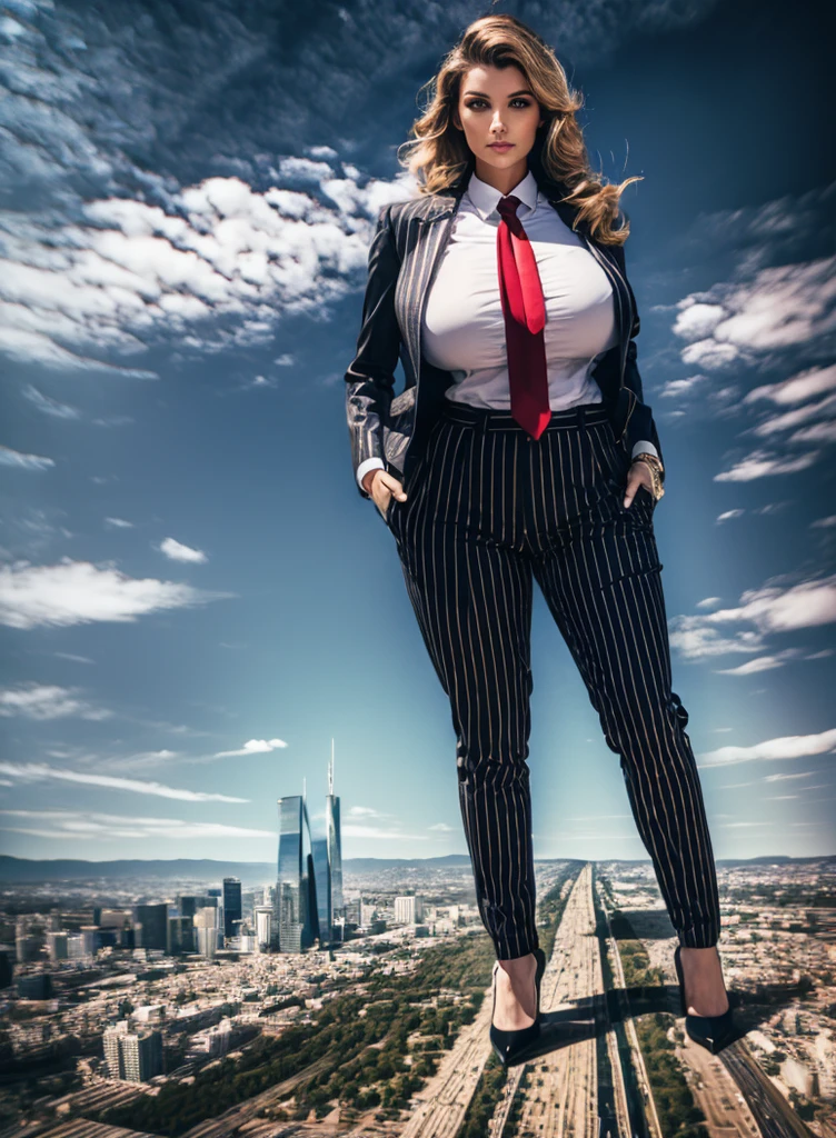 A young stylish 100 mile tall giant woman in a light greyform-fitting pinstripe trouser suit, white shirt, and a large wide necktie in a windsor knot, with a beautiful, curvaceous figure, massive breasts, and long blonde wavy hair, with a curvaceous figure and natrual breasts. wearing red rounded platform high heels with uncovered feet and standing, rampage-like pose, with skyscapers only reaching their heels, with a cityscape background of mega-city, partially obscured by a hazy, cloudy atmosphere. The image is a high-resolution, masterpiece-quality, cinematic, ultra-detailed, and hyper-photorealistic photograph, with perfect hands, face, and lighting. ultra-detailed, 8K, photo-realistic, hyper-realistic, masterpiece, intricate details, full body view viewed from high above, Looking at camera, The image is a high-resolution, masterpiece-quality, ultra-detailed, and hyper-photorealistic photograph, with perfect hands, face, and lighting. ultra-detailed, 8K, photo-realistic, hyper-realistic, masterpiece, intricate details, 