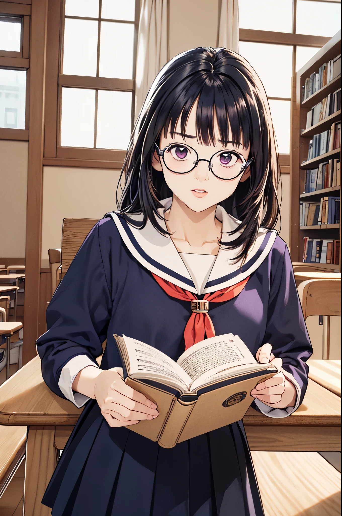 (8k、top-quality、​masterpiece:1.2)、(Realistic、Ultra-detailed、 super A high resolution 、 beautiful detailed face , perfect body for a lawn,( 1 girl ,Long black hair),( school uniform, sailor suit ,Purple Shirt,navy skirt,White Thailand), Contrapost, clevis,in classroom, Portrait、 Libraries 、 reading a book、(( wear black glasses to capture  )),